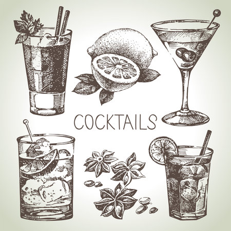 Hand drawn sketch set of alcoholic cocktails. Vector illustrationのイラスト素材