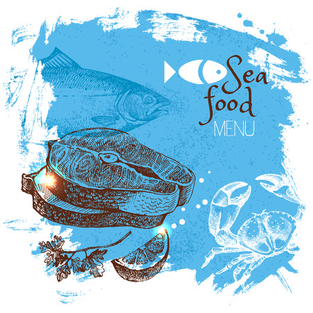 Hand drawn sketch seafood vector illustration. Sea poster background. Menu designのイラスト素材