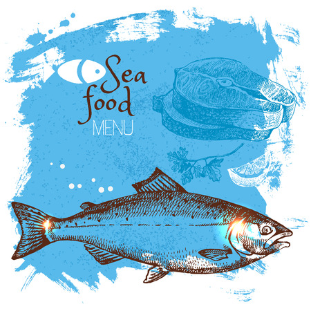Hand drawn sketch seafood vector illustration. Sea poster background. Menu designのイラスト素材