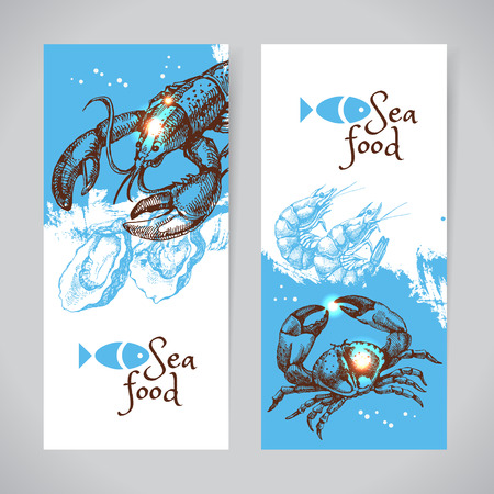 Hand drawn sketch seafood vector banners. Sea background set. Menu designのイラスト素材