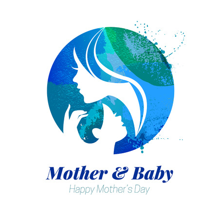 Vector watercolor effect illustration of mother silhouette with her baby. Card of Happy Mothers Day. Logo of beautiful woman and childのイラスト素材