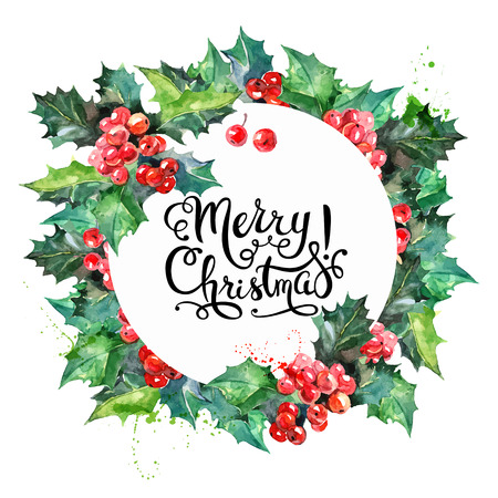 Watercolor colorful greeting decoration Christmas wreath with holly. Happy New Year card. Vector illustrationのイラスト素材