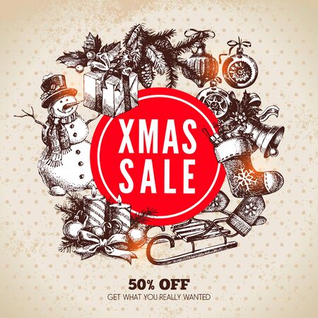 Merry Christmas hand drawn sketch holiday frame background. Happy New Year card. Xmas sale design. Vector illustrationのイラスト素材