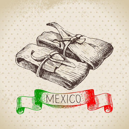 Mexican traditional food background with tamale. Hand drawn sketch vector illustration. Vintage Mexico cuisine bannerのイラスト素材