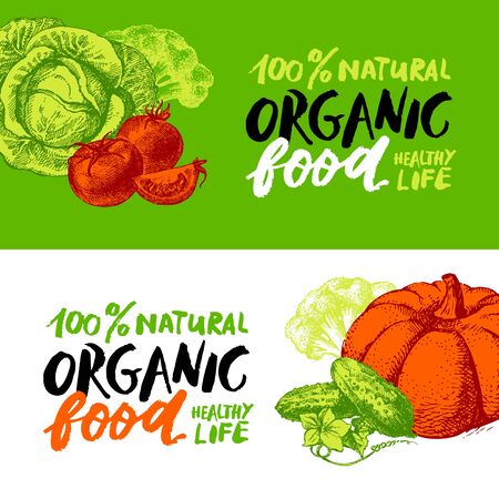 Eco food menu banners. Hand drawn sketch vegetables. Farmers market poster. Lettering design. Vector illustrationのイラスト素材