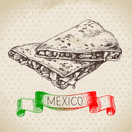 Mexican traditional food background with quesadilla. Hand drawn sketch vector illustration. Vintage Mexico cuisine bannerのイラスト素材