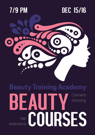 Beauty courses and training poster. Beautiful ornamental hair girl silhouette. Vector illustration of woman beauty salon designのイラスト素材