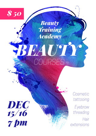 Beauty courses and training poster. Beautiful watercolor acrylic watercolor girl silhouette. Vector illustration of woman beauty salon designのイラスト素材