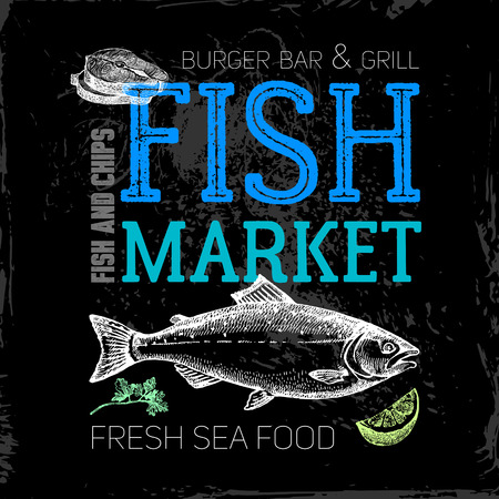Restaurant sea food menu. Fish market poster. Hand drawn sketch chalkboard vector illustrationのイラスト素材