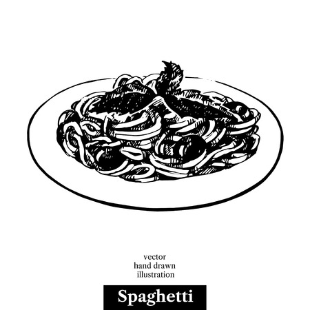 Spaghetti. Vintage fast food hand drawn sketch illustration. Isolated background. Menu designのイラスト素材