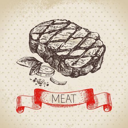 Hand drawn sketch meat product. Vector vintage  ribeye steak illustration. Menu designのイラスト素材