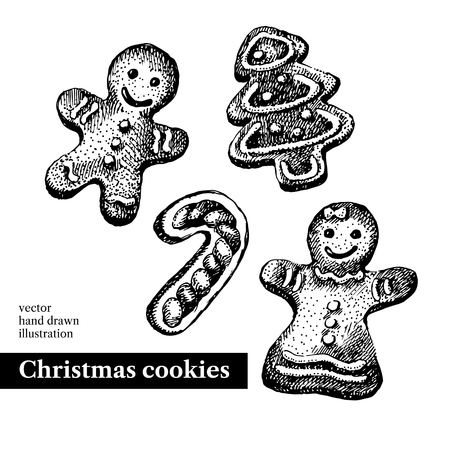 Hand drawn sketch Christmas cookies. Tree, man, candy cane.Vector black and white vintage illustration. Isolated objectのイラスト素材