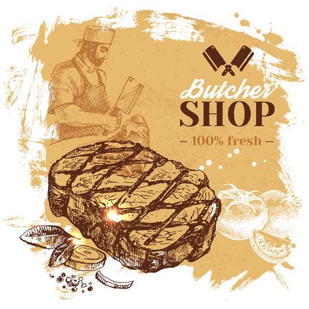 Hand drawn sketch meat butcher shop  Vector vintage illustration. Menu poster designのイラスト素材