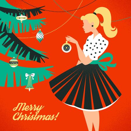 Vintage Merry Christmas  with beautiful woman silhouette. Vector retro new year illustrationのイラスト素材