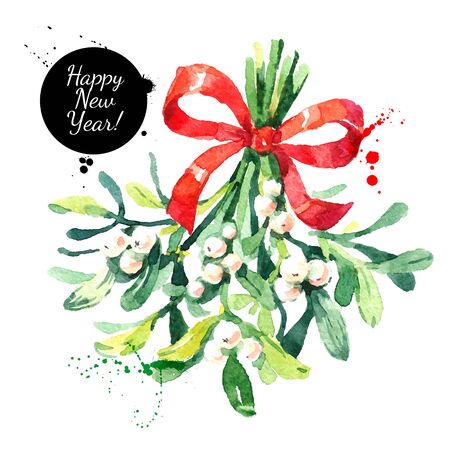 Watercolor green christmas mistletoe vector isolated illustrationのイラスト素材