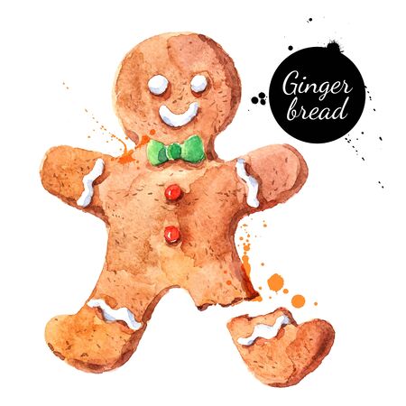Watercolor hand drawn sketch Christmas cookie gingerbread man. Vector isolated illustration on white backgroundのイラスト素材
