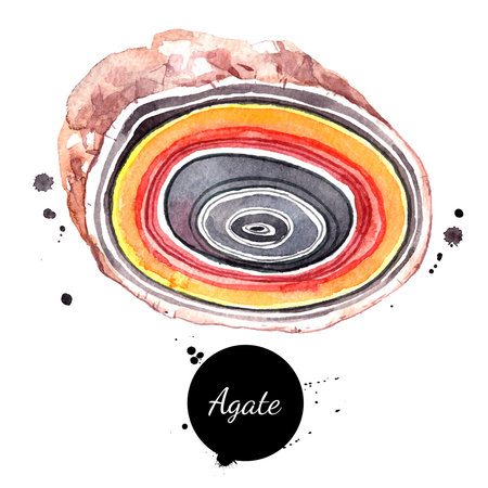 Watercolor hand drawn agate gemstone crystal mineral illustration. Vector painted sketch isolated on...