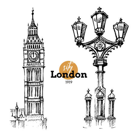 Hand drawn sketch England set. Vector black and white vector vintage London illustration. Great Britain elementsのイラスト素材