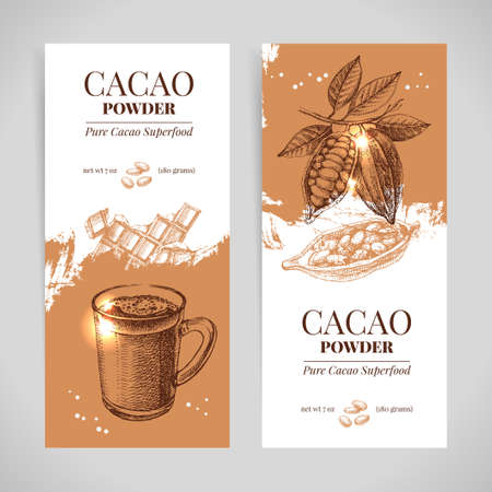 Hand drawn sketch cocoa chocolate product banner set. Vintage vector illustration of natural healthy sweet foodのイラスト素材