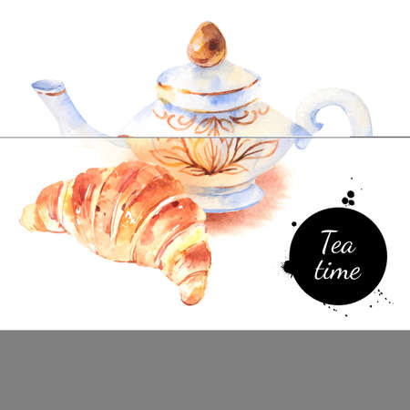 Watercolor tea pot illustration. Vector painted isolated croissant and teapot on white backgroundのイラスト素材