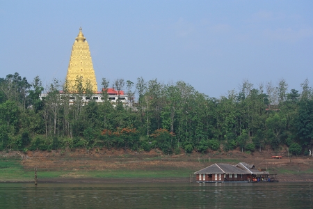 Floating Town and golden stupa in Sangklaburi Kanchanaburi Thailand のeditorial素材