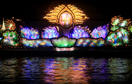 BANGKOK - THAILAND -  6 NOVEMBER 2014 : Light show of a boat in Loy Krathong Festival on Bangkok,...