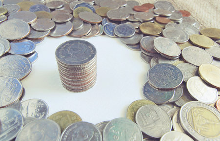 Coins texture for use background, soft focus, vintage mode