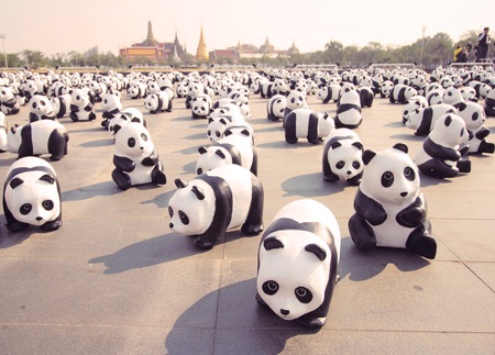 BANGKOK,THAILAND - MARCH 4, 2016 : 1600 Pandas+ TH, Paper mache Pandas to represent 1,600 Pandas and to raise awareness in conservation and sustainable development for endangered animals in Thailand, vintage styleのeditorial素材