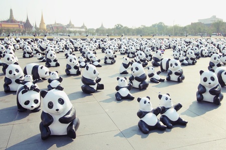 BANGKOK,THAILAND - MARCH 4, 2016 : 1600 Pandas+ TH, Paper mache Pandas to represent 1,600 Pandas and to raise awareness in conservation and sustainable development for endangered animals in Thailand, vintage styleのeditorial素材