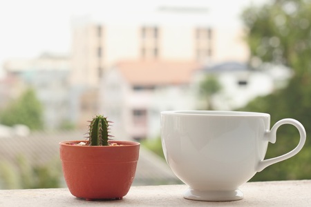Coffee cup on blurred city backgroundの写真素材