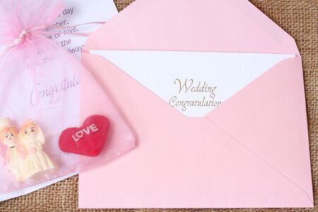 Open envelope with Wedding Congratulations card. typography lettering decorative text card designの写真素材