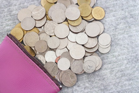Saving money concept, Purse with coinsの写真素材