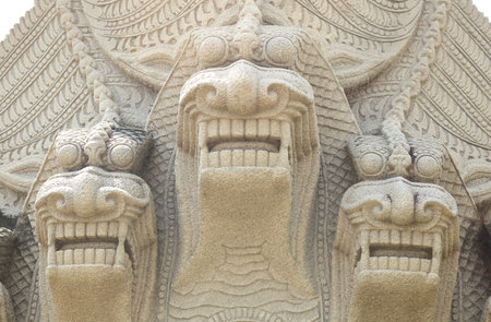 Stone dragon head art at Wat Pathum Wanaram, Thailandの写真素材