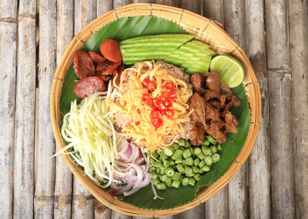Sweet pork with shrimp paste fried rice, khao kluk kapi is traditional Thai foodの写真素材