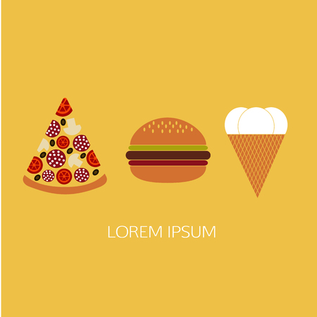 Fast food and Street Food Set. Modern Vector illustration. Pizza, Hamburger, Ice Cream. Isolated on yellow background.の写真素材