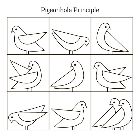 Vector Pigeonhole Principle illustration. Line illustration. Vector icons of pigeons. Vector Pigeonhole Principle illustration. Line illustration. Vector icons of pigeons.