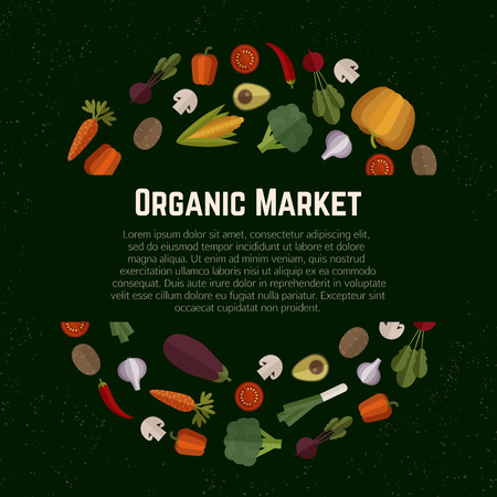 Organic food template. Healthy eating vector concept with vegetables and ploace for Text. Can be used in menu, cooking books, organic farm labels, flyers.のイラスト素材