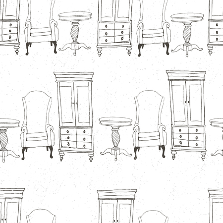 Furniture Seamless pattern. Hand drawn illustration made in Vector.のイラスト素材