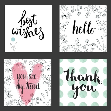 Collection of romantic postcards with lettering. Hand drawn illustration. Vector. Valentine's day, Greetings cards or Poster templates.のイラスト素材