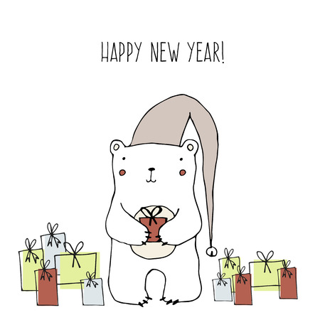 Christmas or Birthday  card template with Cute Polar Bear. Template for Greetings, Congratulations, Invitations. Vector illustration. Hand drawn illustration.の写真素材