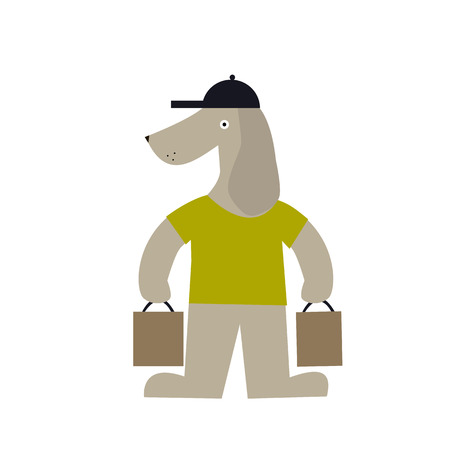 Cute dog with shopping bags. Carton vector illustration isolated on white background.の写真素材