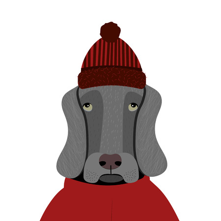 Cartoon Sad Dog in red Hat and cloak. Vector illustration.のイラスト素材