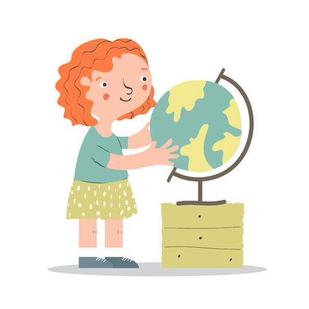 Cartoon little girl with globe. Kid character. Girl learning geography. Cartoon vector character.のイラスト素材
