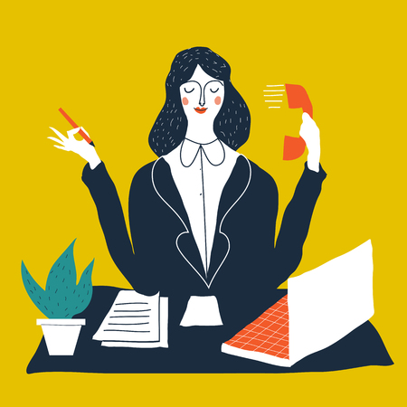 Female personal assistant cute vector illustration. Young office manager multi-tasking. Cartoon business lady illustration.のイラスト素材