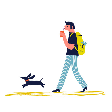 Illustration happy man with backpack walking with dachshund dog. Creative vector illustration.のイラスト素材