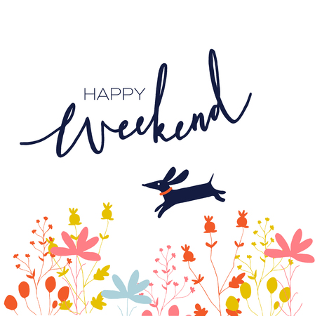 Hand drawn lettering. Happy weekend. Design for greeting cards, posters, print invitations. Modern calligraphy. Poster, banner,t-shirt, card design.のイラスト素材