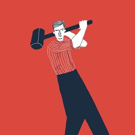 Angry man with hammer. Creative vector illustration on red background.のイラスト素材