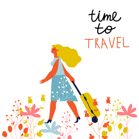 Creative vector illustration with inspirational lettering "time to travel" . Young free woman with a luggage bag and with  going on vacation. Vector creative  illustration.のイラスト素材
