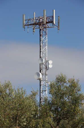 Phone antenna located among trees with a blue sky backgroundの写真素材