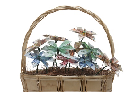 Bouquet of flowers origami made by bills of different values of euro.の写真素材